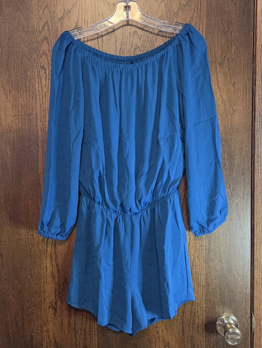 Three Eighty Two Womens Blue Off-Shoulder Long Sleeve Romper